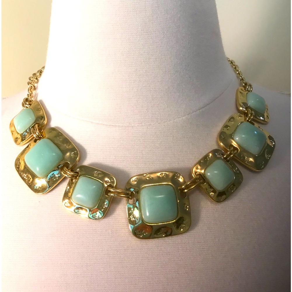 Talbots Gold Tone Fashion Statement Necklace with Rounded Aqua Tiles